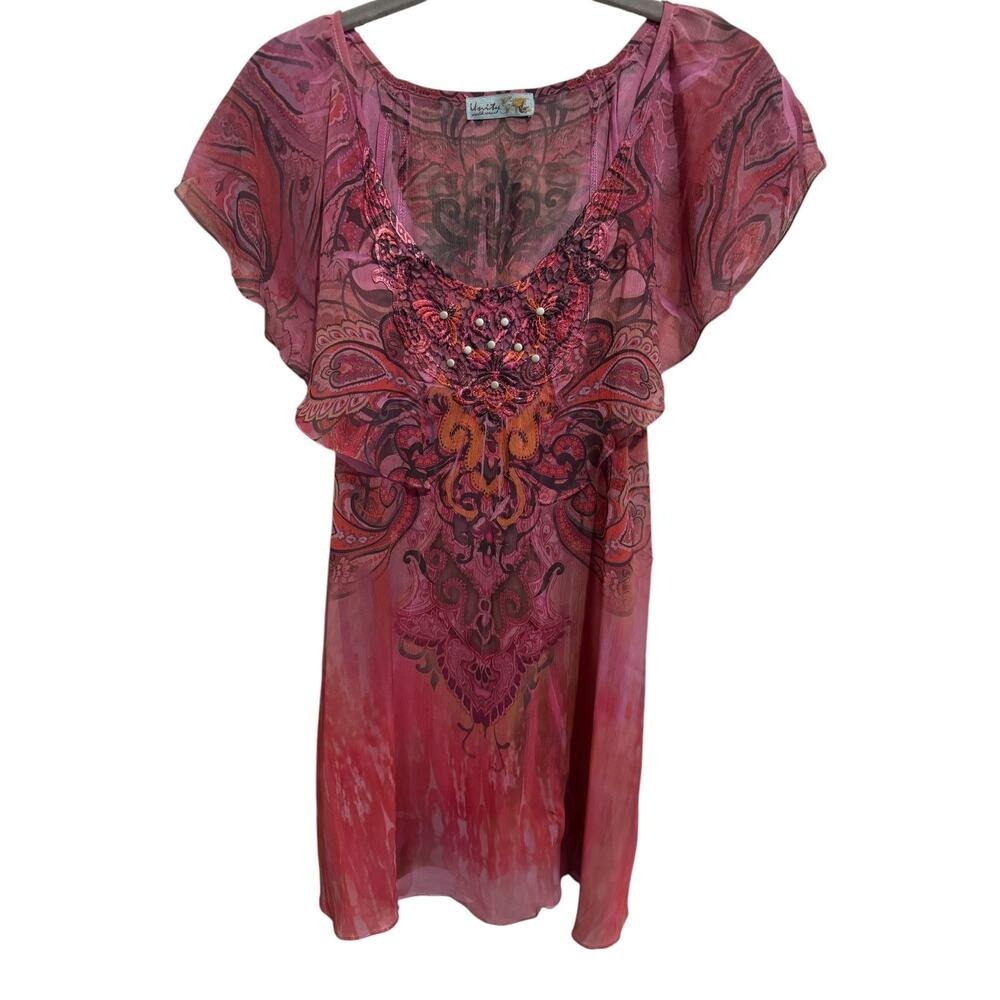 Y2K Womens Short Sleeve Blouse Embroidered Studded Fairy Boho Festival Size M